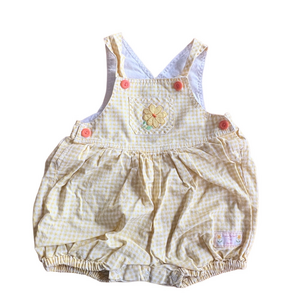 Vintage Kids Baby Girl Yellow Gingham Daisy Bubble Romper Overalls Size 18M